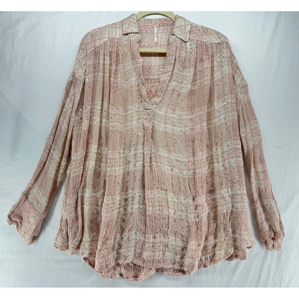 Free People Sequin Plaid Oversized Blouse Rose‎ Pink Boho V-Neck Top XS